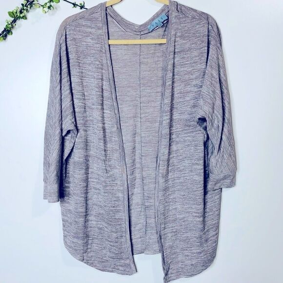 Joan Vass Gray Heathered 3/4 Sleeve Open Front Cardigan - Picture 1 of 11